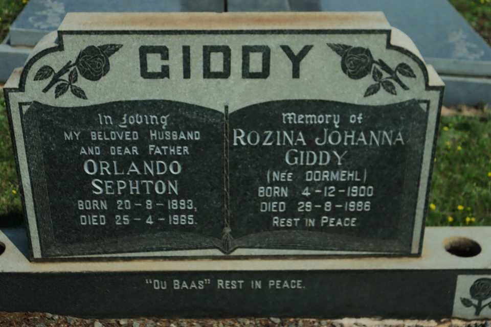 GIDDY Orlando Sephton 1893-1965 &amp; Rozina Johanna DORMEHL 1900-1986