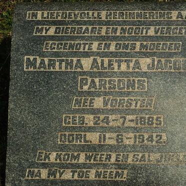 PARSONS Martha Aletta Jacoba nee VORSTER 1885-1942