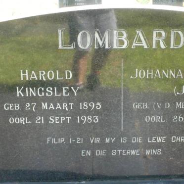 LOMBARD Harold Kingsley 1895-1983 &amp; Johanna Wilhelmina V.D. MERWE 1897-1976