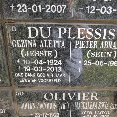PLESSIS Gezina Aletta, du 1924-2013 :: DU PLESSIS Pieter Abraham 1964-