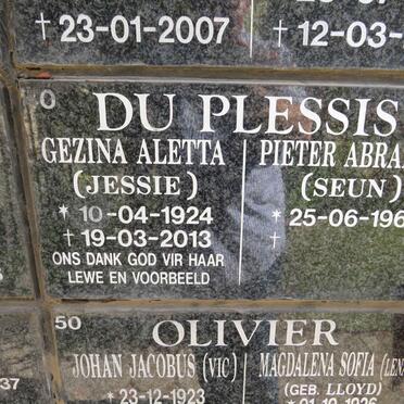 PLESSIS Gezina Aletta, du 1924-2013 :: DU PLESSIS Pieter Abraham 1964-