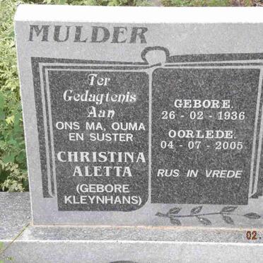 MULDER Christina Aletta nee KLEYNHANS 1936-2005