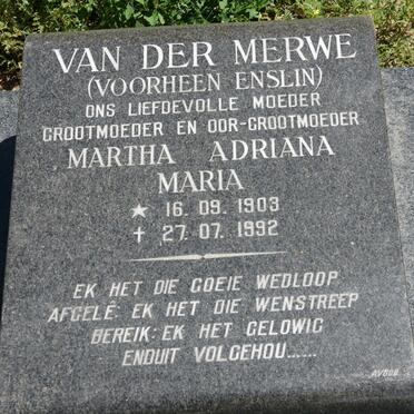 MERWE Martha Adriana, van der voorheen ENSLIN 1903-1992