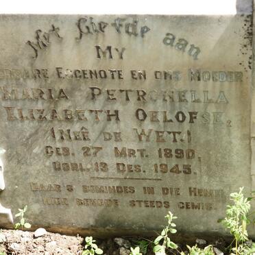 OELOFSE Maria Petronella Elizabeth nee DE WET 1890-1945