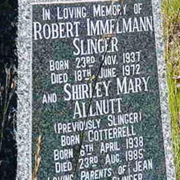 SLINGER Robert Immelmann 1937-1972 &amp; Shirley Mary ALLNUT formerly SLINGER nee COTTERRELL 1938-1985