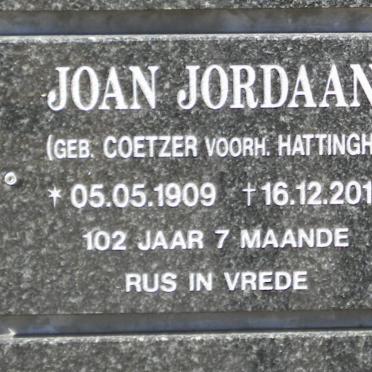 JORDAAN Joan voorheen HATTINGH nee COETZER 1909-2011