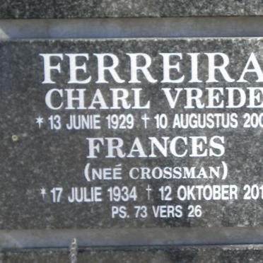 FERREIRA Charl Vrede 1929-2006 &amp; Frances CROSSMAN 1934-2013