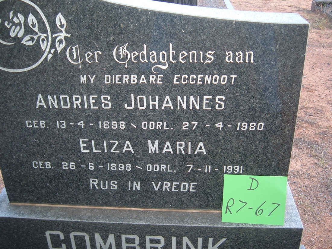 COMBRINK Andries Johannes 1898-1980 &amp; Eliza Maria 1898-1991