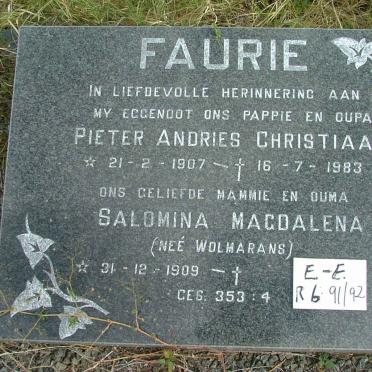 FAURIE Pieter Andries Christiaan 1907-1983 &amp; Salomina Magdalena WOLMARANS 1909-