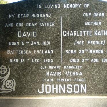 JOHNSON David 1881-1925 &amp; Charlotte Kathleen PEDDLE 1886-1983 :: JOHNSON Mavis Verna