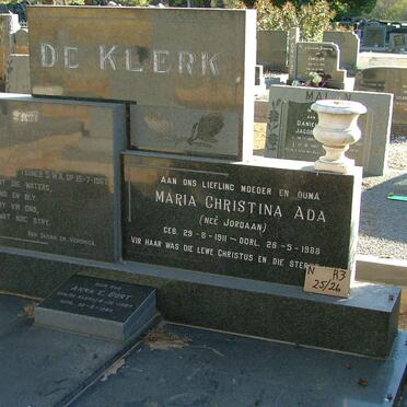 KLERK Maria Christina Ada, de nee JORDAAN 1911-1988 :: BURT Anna E. nee DE KLERK
