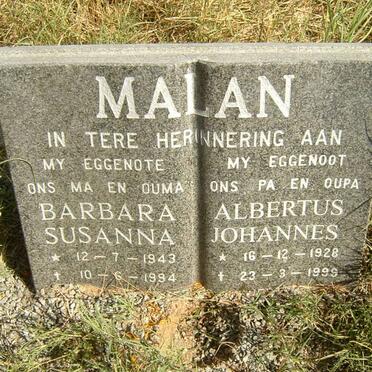 MALAN Albertus Johannes 1928-1999 &amp; Barbara Susanna 1943-1994
