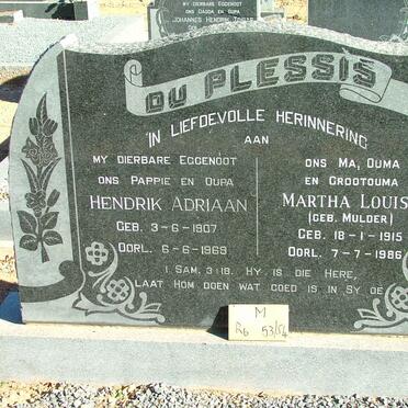 PLESSIS Hendrik Adriaan, du 1907-1969 &amp; Martha Louisa MULDER 1915-1986
