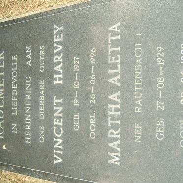RADEMEYER Vincent Harvey 1927-1996 &amp; Martha Aletta RAUTENBACH 1929-1999