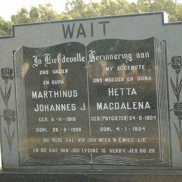 WAIT Marthinus Johannes J. 1918-1988 &amp; Hetta Magdalena POTGIETER 1924-1984