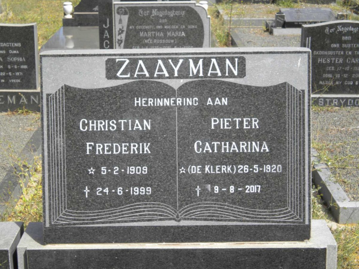 ZAAYMAN Christian Frederik 1909-1999 &amp; Pieter Catharina DE KLERK 1920-2017