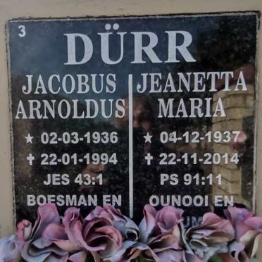 DÜRR Jacobus Arnoldus 1936-1994 &amp; Jeanetta Maria 1937-2014