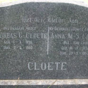 CLOETE Andreas G. 1890-1960 &amp; Anna M.S. VON CAUES 1892-1952