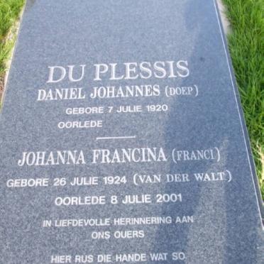 PLESSIS Daniel Johannes, du 1920-  &amp; Johanna Francina VAN DER WALT 1924-2001