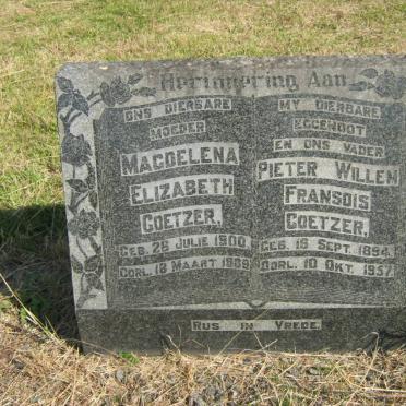 COETZER Pieter Willem Fransois 1894-1957 &amp; Magdelena Elizabeth 1900-1989
