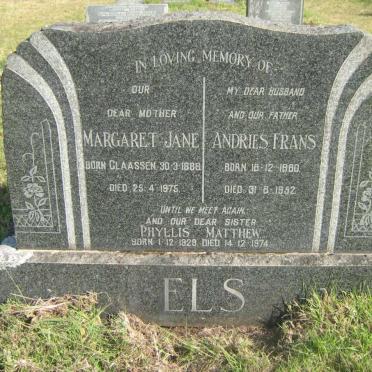ELS Andries Frans 1880-1952 &amp; Margaret Jane CLAASSEN 1888-1975 :: MATTHEW Phyllis 1928-1974