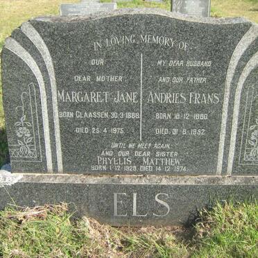 ELS Andries Frans 1880-1952 &amp; Margaret Jane CLAASSEN 1888-1975 :: MATTHEW Phyllis 1928-1974