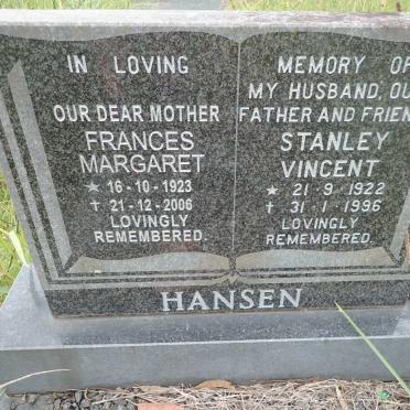 HANSEN Stanley Vincent 1922-1996 &amp; Frances Margaret 1923-2006
