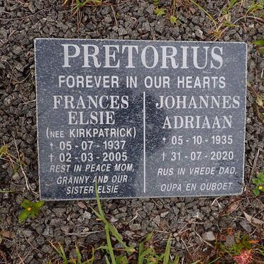 PRETORIUS Johannes Adriaan 1935-2020 &amp; Frances Elsie KIRKPATRICK 1937-2005