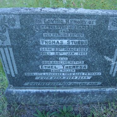 STUBBS Thomas 1866-1951 &amp; Ethel Theresa MILLER -1952