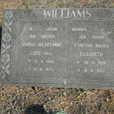 WILLIAMS Maria Wilhelmine Louise 1899-1975 &amp; Cynthia Mary Elizabeth 1926-1943