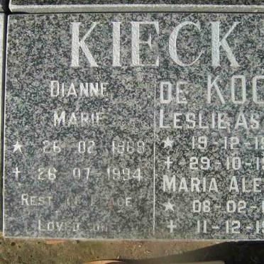 KIECK Dianne Marie 1968-1994 :: De KOCK Leslie Ashton 1935-1998 &amp; Maria Aletta 1941-1997
