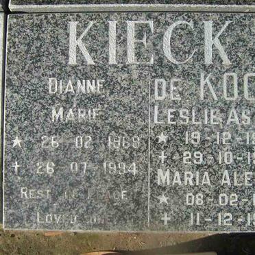 KIECK Dianne Marie 1968-1994 :: De KOCK Leslie Ashton 1935-1998 &amp; Maria Aletta 1941-1997