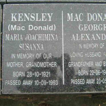MacDONALD George Alexander 1943-2002 :: KENSLEY Maria Joachimina Susanna nee MacDONALD 1921-1993