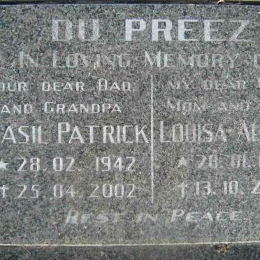 PREEZ Basil Patrick, du 1942-2002 &amp; Louisa Aletta 1948-2000