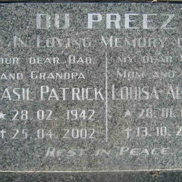 PREEZ Basil Patrick, du 1942-2002 &amp; Louisa Aletta 1948-2000
