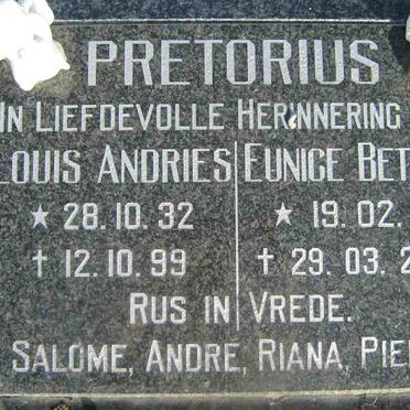 PRETORIUS Louis Andries 1932-1999 &amp; Eunice Betrina 1938-2006
