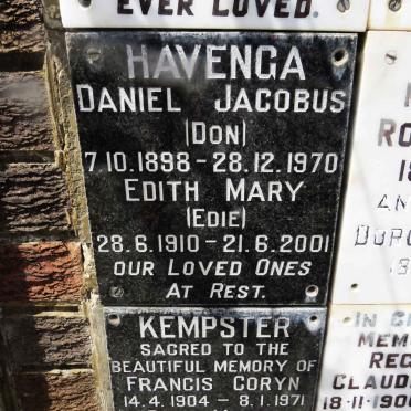 HAVENGA Daniel Jacobus 1898-1970 &amp; Edith Mary 1910-2001