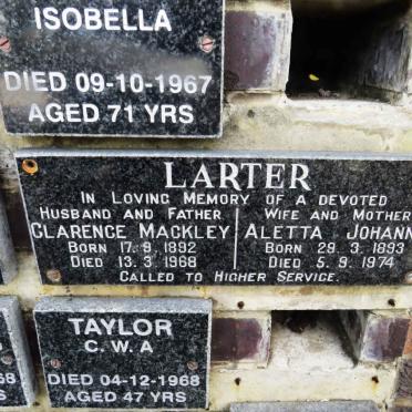 LARTER Clarence Mackley 1892-1968 &amp; Aletta Johanna 1893-1974