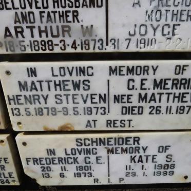 MATTHEWS Henry Steven 1879-1973 :: MERRIN G.E. nee MATTHEWS -1973