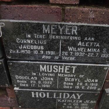 MEYER Cornelius Jacobus 1930-1991 &amp; Aletta Wilhelmina S. 1932-1998