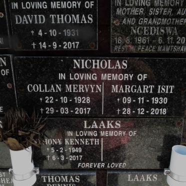 NICHOLAS Collan Mervyn 1928-2017 &amp; Margart Isit 1930-2018