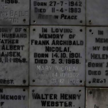 NICOLAI Frank Archibald 1901-1968 &amp; Mary 1902-1978
