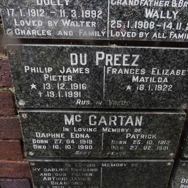 PREEZ Philip James Pieter, du 1916-1991 &amp; Frances Elizabeth Matilda 1922-