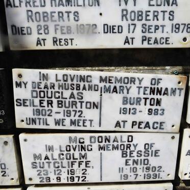 ROBERTS Alfred Hamilton -1972 & Ivy Edna -1978 :: BURTON Douglas Seiler 1902-1972 & Mary Tennant 1913-1983