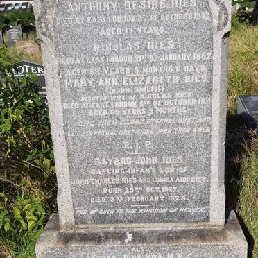 RIES Nicolas -1892 & Mary Ann Elizabeth SMITH -1911 :: RIES Anthony Desire -1883 ::  RIES Bayard John 1922-1923 :: RIES Alfred John -1937