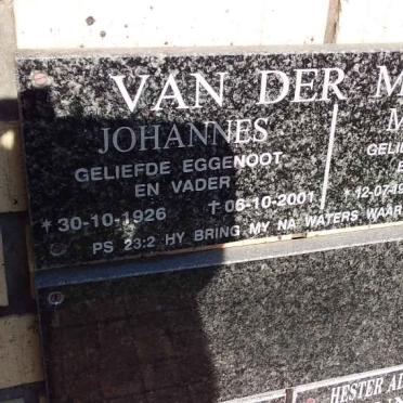 MERWE Johannes, van der 1926-2001 &amp; Magriet 1929-2012