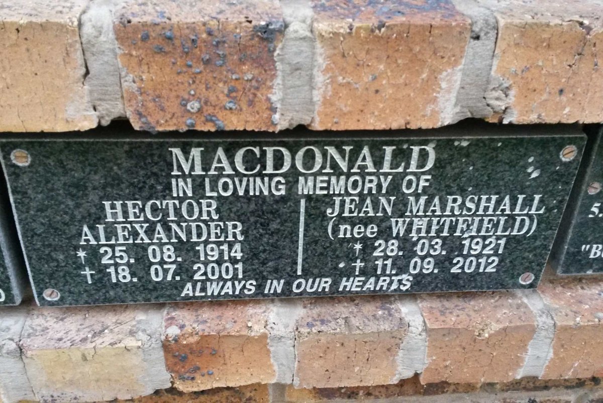 MACDONALD Hector Alexander 1914-2001 &amp; Jean Marshall WHITFIELD 1921-2012