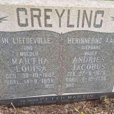 GREYLING Andries Jacobus 1878-1956 &amp; Martha Louisa 1882-1958 :: GREYLING Peter Martin 1908-1958