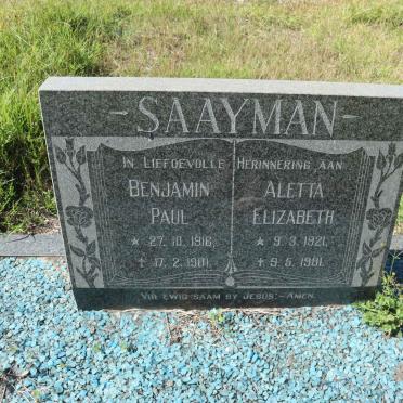 SAAYMAN Benjamin Paul 1916-1981 &amp; Aletta Elizabeth 1921-1981