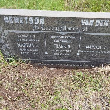 WATH Martha J., van der 1864-1958 :: HEWETSON Frank N. 1905-1992 & Martha J. 1908-1973